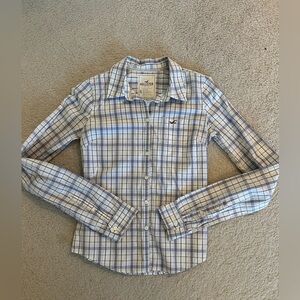 90s Hollister Blue and White Plaid Women's Top